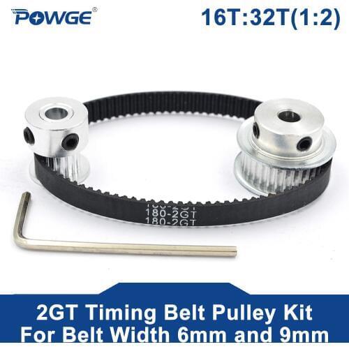 POWGE 2M/2GT 16Teeth 32Teeth Synchronous Timing Pulley bore 5/6/8mm Set 16T:32T 1:2 Speed Ratio for 180-2GT Belt width 9mm Kit