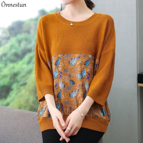 O Neck Sweater Women Autumn Spring Pullovers Knitted Sweater Korean Style Half Sleeve Top Print Patchwork Pull Femme Sweaters