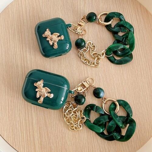 Vintage Bracelet Marble Chain Case For Apple Airpods 1/2/3 Earphone Protective Case Cute Gold Bear Airpods Pro Cover Accessories