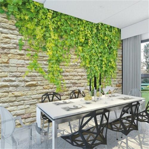 Green leaves large mural brick wall rural wallpaper sitting room sofa bedroom TV setting wall paper