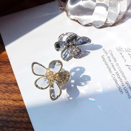 Women Crystal Flower Rings Gold Color Blue Gray White Red Big Flower Hyperbole Party Jewelry for Gift Dropshipping Wholesale
