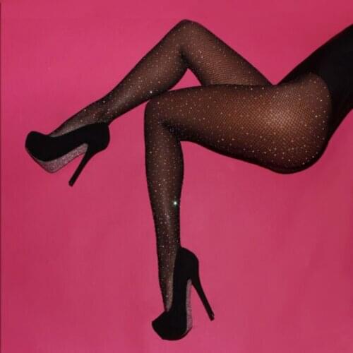 Womens Sexy Stockings Fishnet Mesh Slim Thigh High Long Stockings Ladies Crystal Rhinestone Diamond Shinny Pantyhose Tights