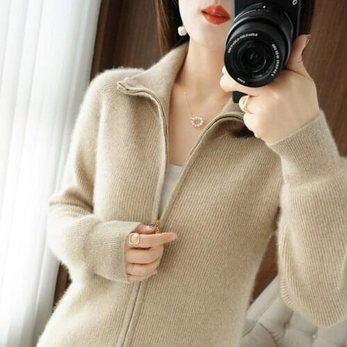 BELIARST Autumn and Winter 100% Wool Cashmere Sweater Ladies Zipper Lapel Cardigan Warm Knitted Sweater Women Jacket