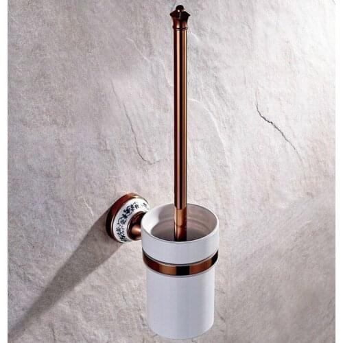 Bathroom Hardware Accessories Wall Mounted Rose Gold Color Brass Toilet Brush Holder with 1 Ceramic Cup Dba387