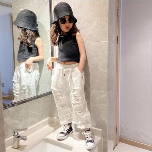 2021 new wholesale girls white holes pants summer fashion girls long pants 4-9t B151