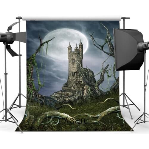 Photography Backdrops Halloween Horror Night Mysterious Moon Dreamy Castle Old Tree Grass Field Photo Background