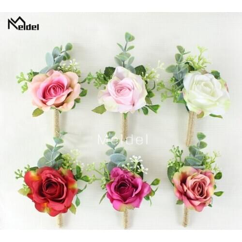 Meldel Artificial Flower Wedding Boutonniere Groom Brooch Pins Bride Wrist Corsage Women Wristbands Silk Rose Wedding Bracelets