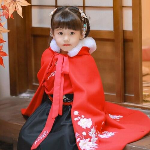 Red Hanfu Cape For Girls Chinese Traditional Thicker Cloak Han/Tang/Song/Ming Dynasty Embroidery Festival Coat For Kids VO439