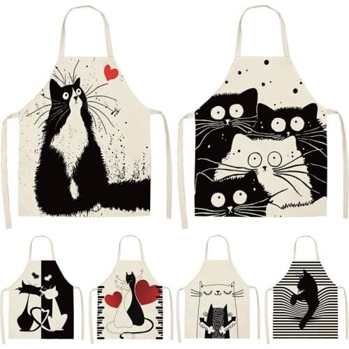 Funny Cat Printed Kitchen Cooking Baking Aprons Sleeveless Cotton Linen for Women Man Home Delantal Cocina Baking Accessories