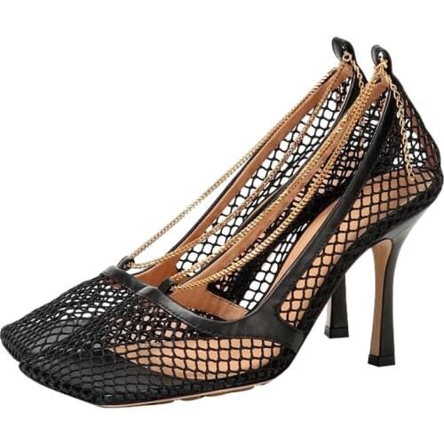 High-end Custom Leather Sole Mesh Hollow Shoes Square Toe Metal Chain Runway Shoes Slip On Cover Heel Stiletto Summer Sandals