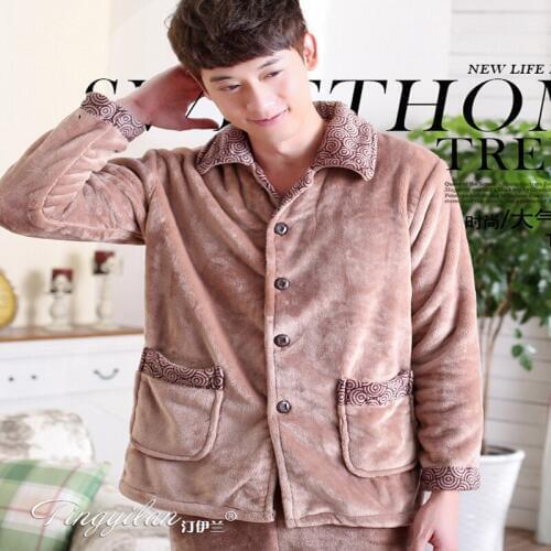 Male thick flannel pajamas man autumn winter long sleeve cartoon coral fleece sleepwear turn-down collar pajama sets