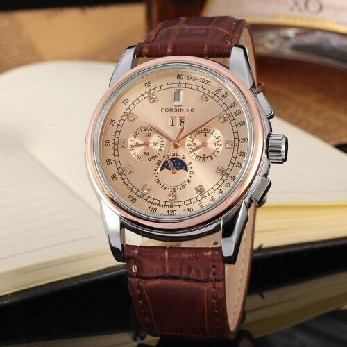 Mens Mechanical Watch Automatic Moon Phase Calendar Clock Sport Leather WristwatchAutomatic Watch Clock Man Relogio Masculino