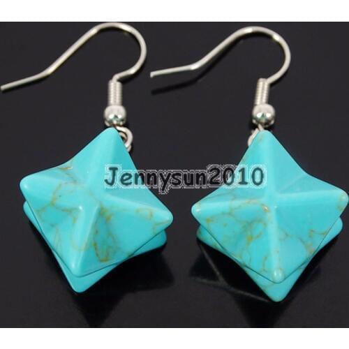 Natural Stabilized Green Tur-quoise Gems Stone Merkaba Healing Reiki Chakra Pendant Silver Plated Hook Earrings Set 5 Pairs/Pack