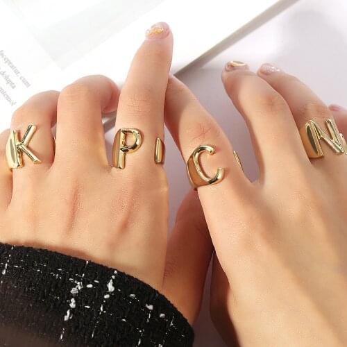 Hollow A-Z Letter Ring Metal Charm Gold Color Adjustable Opening Name Alphabet Engagement Rings Fashion Gifts for women men