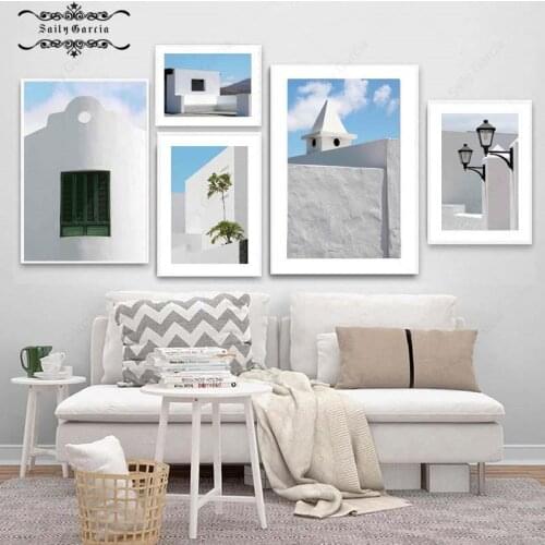 Aegean Sea White Architecture Poster Blue Sky and Door Canvas Painting Nordic Wall Art Pictures for Living Room Interior Decor