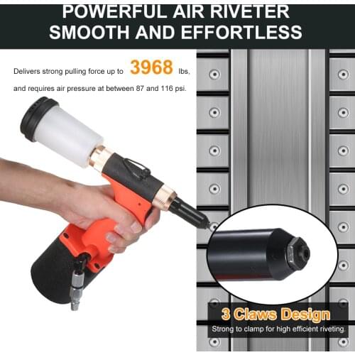 Industrial Pneumatic Rivet Gun Heavy Duty Air Riveter Air Rivet Gun Self-plugging Riveting Tool with 4 Nosepieces for Pulling