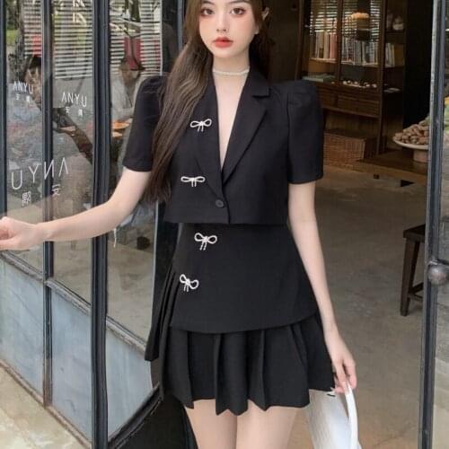 Korean OL Summer Two Piece Set Women Crop Top Blazer Coat + High Waist Pleated Skirt Suits Streetwear 2 Piece Set Ensemble Femme