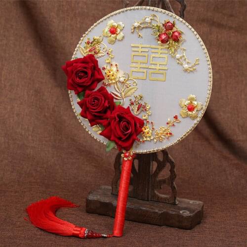Traditional Chinese Style Vintage Fan Handmade Flowers Beads Alloy Circular Jewelry Unique Wedding Dress Bridal Bouquet