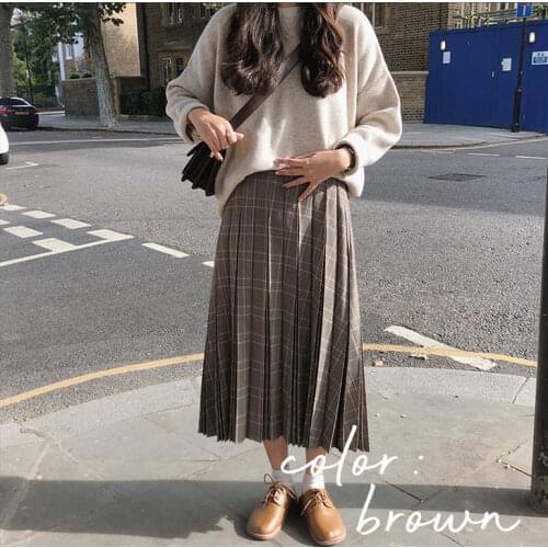 New A Line pleated plaid students Mid Calf Women Skirt Vintage Spring Skirt Long Office Lady High Waist Girls Skirts Autumn