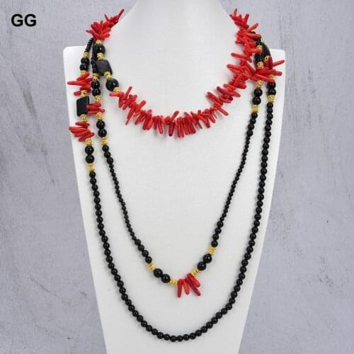GuaiGuai Jewelry 18'' 3 Rows Red Coral Black Onyx Necklace