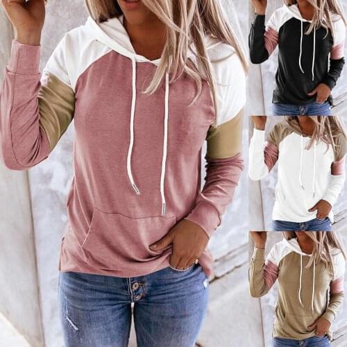 Lady Casual New Stylish Loose Leisure Long Sleeve Color Block Hoodie with Pocket Pullover Sweatshirt Tops
