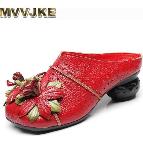 MVVJKE New Fashion Holes Flower Slippers 4cm Square Woman Genuine Leather Shoes High Quality Point Toe Pumps Moccasins Mules