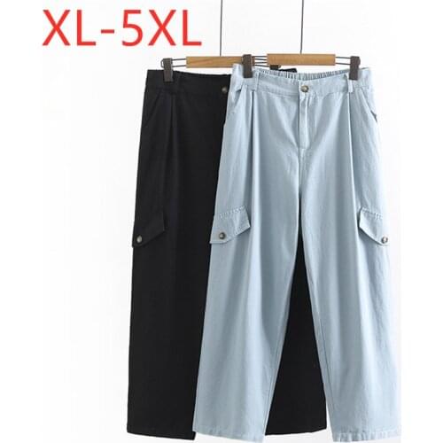 New 2021 Ladies Autumn Winter Plus Size Long Overalls For Women Large Loose Black Blue Cotton Pocket Cargo Pants 2XL 3XL 4XL 5XL
