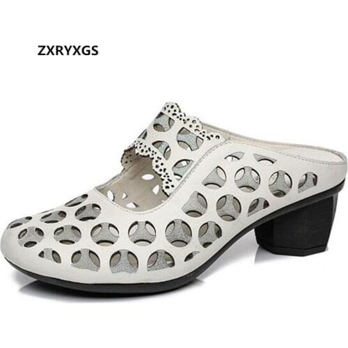 2021 Round Toe Hollow Genuine Leather Slippers Women Sandals Elegant Temperament High Heel Slippers Women Shoes Trendy Sandals