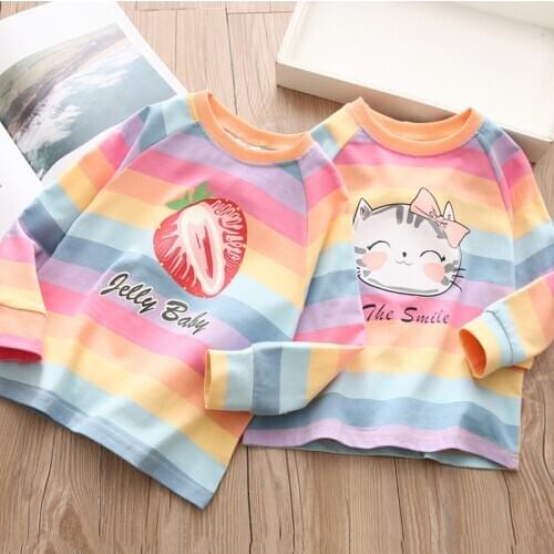 2021 Spring Autumn New 2 3 4 6 8 10 Years Children Cotton Cartoon Long Sleeve Colorful Stripe Basic T-Shirt For Baby Kids Girls