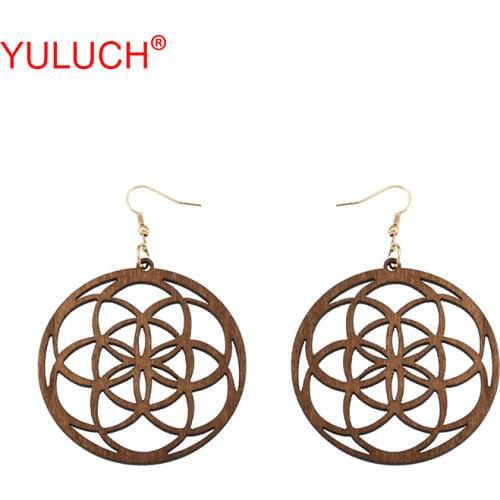 YULUCH African Women Jewelry Accessories Ethnic Natural Wooden Round hollow out Lucky Halo Pendant Pop Earrings Party Gifts