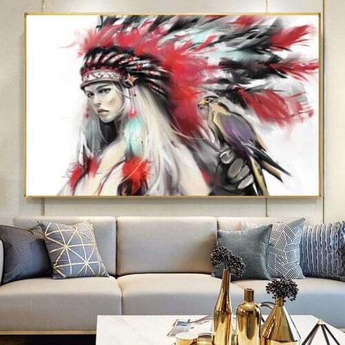Watercolor Indian Girl with Parrot Canvas Paintings Poster and Print Wall Art Abstract Pictures for Kids Room Home Decor Cuadros