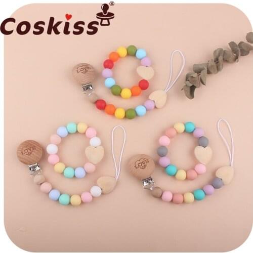 Coskiss New Style Teether Bracelet Pacifier Chain Set Baby Silicone Bead No BPA Wooden Love Infant Products Baby Molar Gift