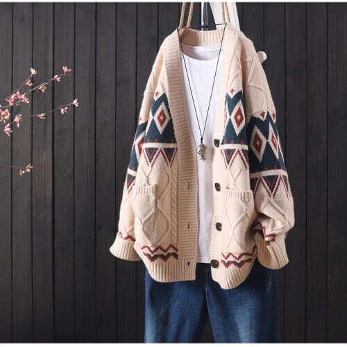 2021 knitted cardigan womens sweater retro soft top autumn and winter new loose casual embroidery buttoned long-sleeved