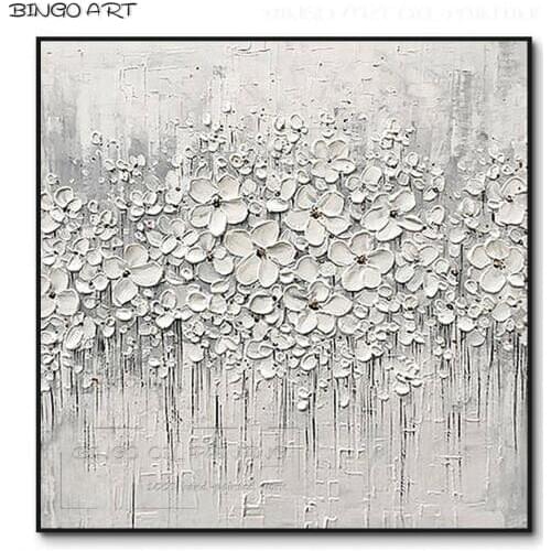 Popular Wall Art White Flower Oil Painting on Canvas Hand-painted Thick Paints Abstract White Flowers Oil Painting for Wall Art
