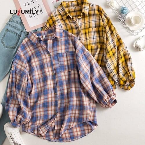 Lusumily Spring Women Vintage Plaid Jacket Oversized Blouse Batwing Sleeve Turn Down Collar Purple Shirt Button Up Casual Tops