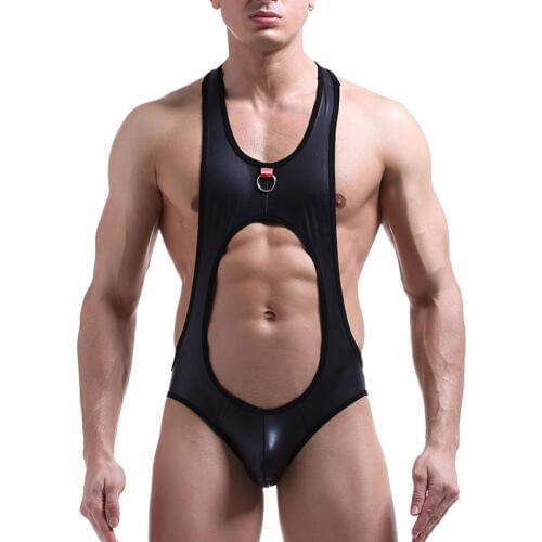 Men Faux Leather thong Man Sexy Fitness Bodybuilding Rings Bodysuit Gay Penis Pouch Jumpsuit Casual Shaper Underwear Shapewear