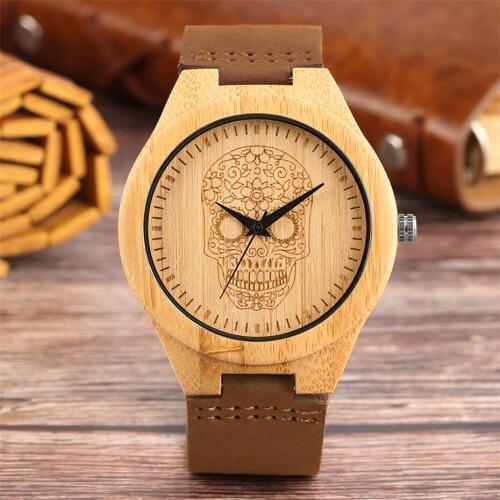 Mens Bamboo Watch Quartz Genuine Leather Wrist Watches Ultra-light Carving Flower Skull Head Display Mens Wooden Watch W424301