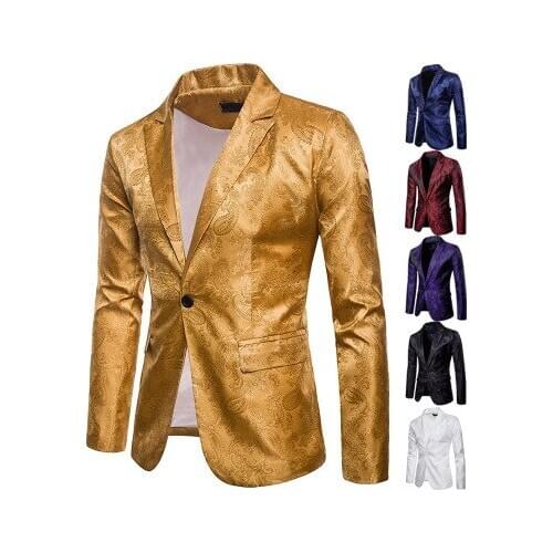 Brand Gold color Paisley Print Mens Blazer Fashion Slim fit Graduation Party Prom Jackets for Men Casual Singers Stage Clothing
