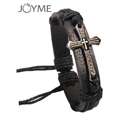 Bible Wristband Cross Prayer Handmade Rope Leather Bracelets Cuff Bracelet Men Bangle Stainless Steel Hand Jewelry