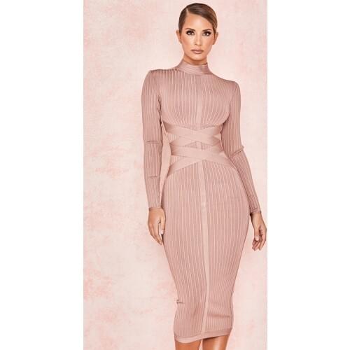 Bodycon Dress Rayon High Quality Turtleneck Long Sleeve Lace Up Bandage Dress Ribbed Knee-Length Sexy 2020 Vestidos Dobanmbd