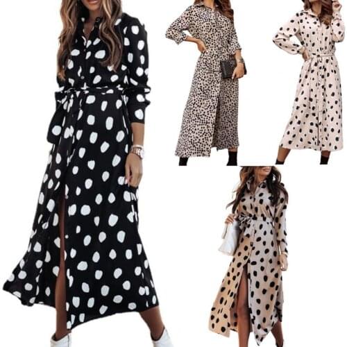 Shirt Dress Polka Dots/Floral Print Long Sleeve Spring Women Single-breasted Belt Maxi Dress for Party Women Long Casual Dresses