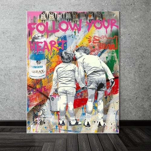 Follow Your Heart Slogan Street Art Canvas Print Painting Two Children Wall Picture Abstract Living Room Home Decoration Poster