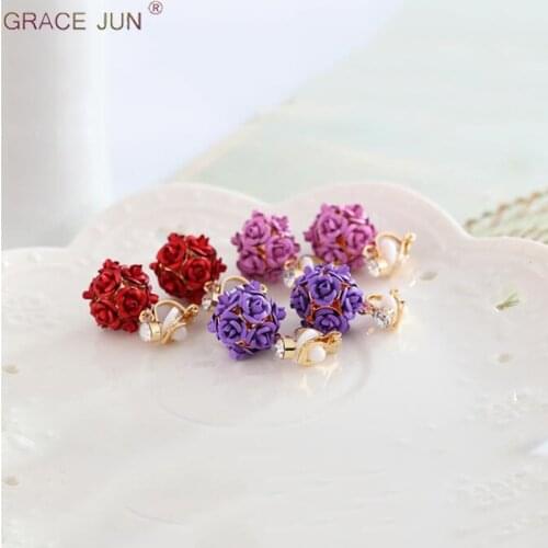 GRACE JUN Top Quality Rose Flower Ball Shape Clip on Earrings for Women Fashion Bridal Wedding Elegant Cuff Earrings Not Allergy