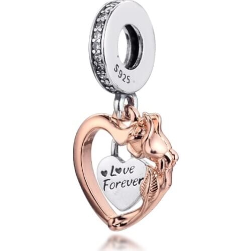 Valentines Day Heart & Rose Flower Dangle Charm Rose Gold Jewelry Fits Original Charm Bracelet & Necklace Woman DIY Bead