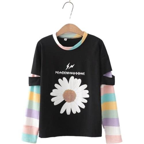 Japanese Sweet Daisy Print Women O-neck Long-sleeve Sweatshirt With Holes Patchwork Sleeve Sweatshirts Girl Casual Pullovers