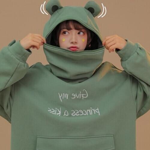 Women Long Sleeve Oversize Sweatshirt Cute Frog Hoodies Letters Solid Tunic Tops MXMA
