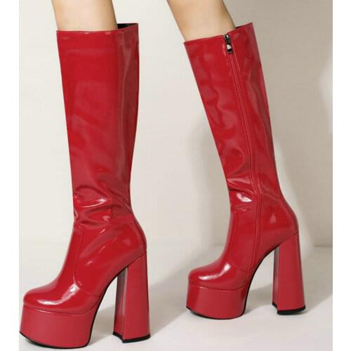 Patent PU Leather Women Knee High Boots Platform Super Square High Heel Women Motorcycle Boots Zipper Round Toe Womans Boots