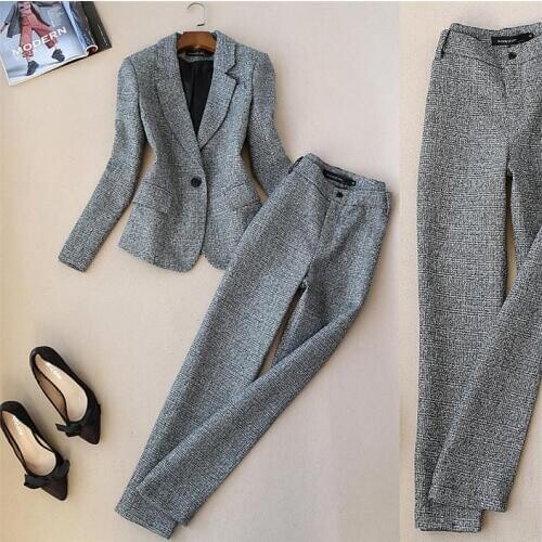 New 2020 Ladies Plaid Set Fashion Women Suit OL Office Business Casual Wear Elegant Pants Suit Ankle-Length Pants