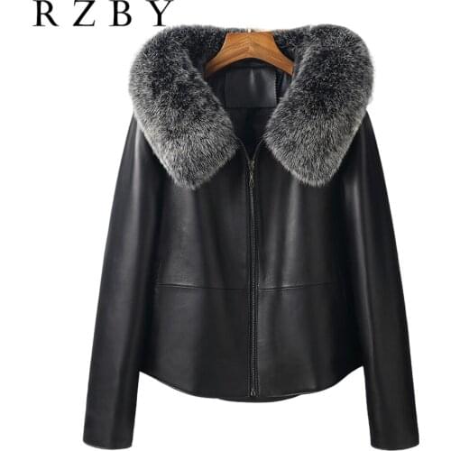 Leather Genuine New Down Jacket Women Short Korean Natural Sheepskin Doudoune Female Puls Size Coat Real Fox Fur Collar RZBY259