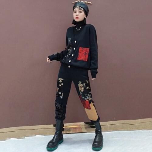 2021 Autumn Female Casual Tracksuits 2pcs Single Breasted Knitting Tops+Pants Two Pieces Set Spring